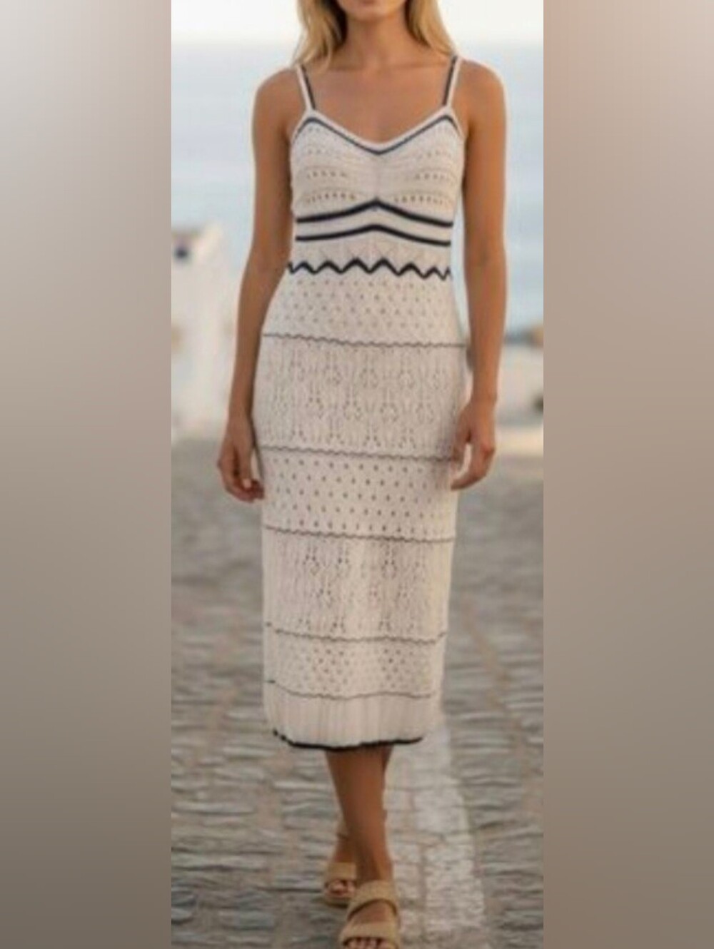 Commense Paros Knit Midi-Maxi Dress Crochet Eyelet Cream M NWT